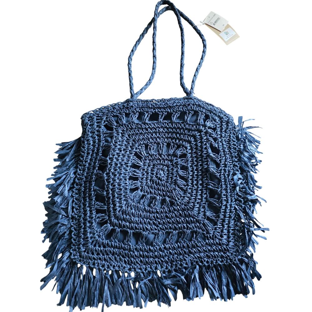 Most Wanted USA Woven Tote Strat Shoulder Bag Navy Blue Purse Bohemian